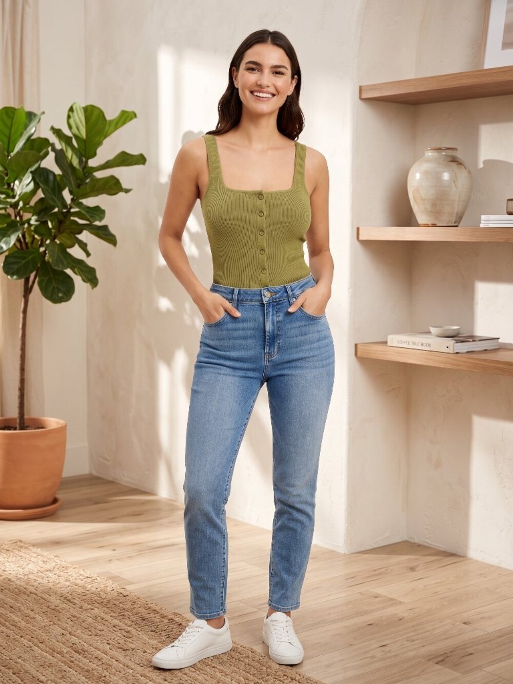 ZARA Pistachio Green Textured Button Down Square Neck Tank Top Size Medium